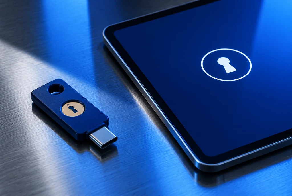 Concept image of a security key and tablet for personal account access