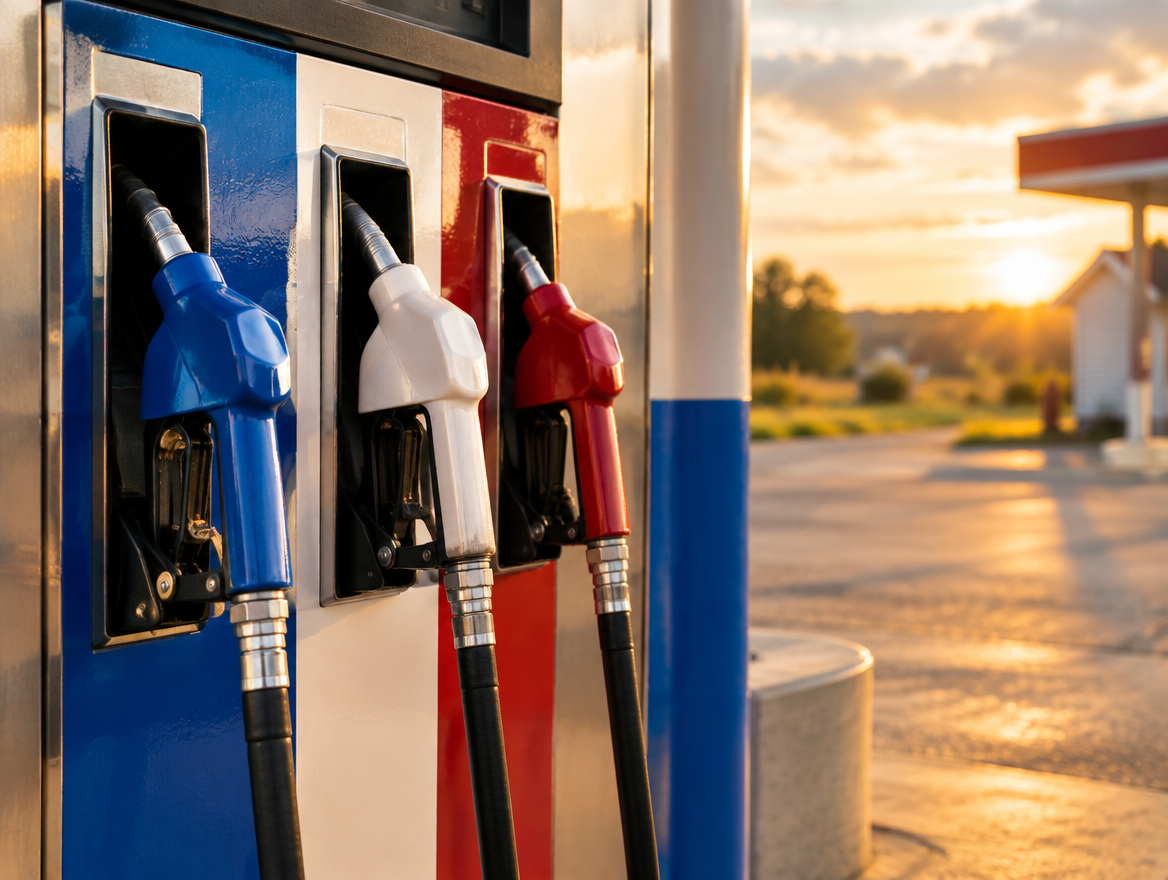 Red, white, and blue fuel pumps in warm evening light