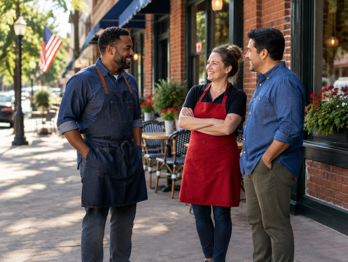 Illustrative scene of three adult small-business owners talking outside a Main Street café