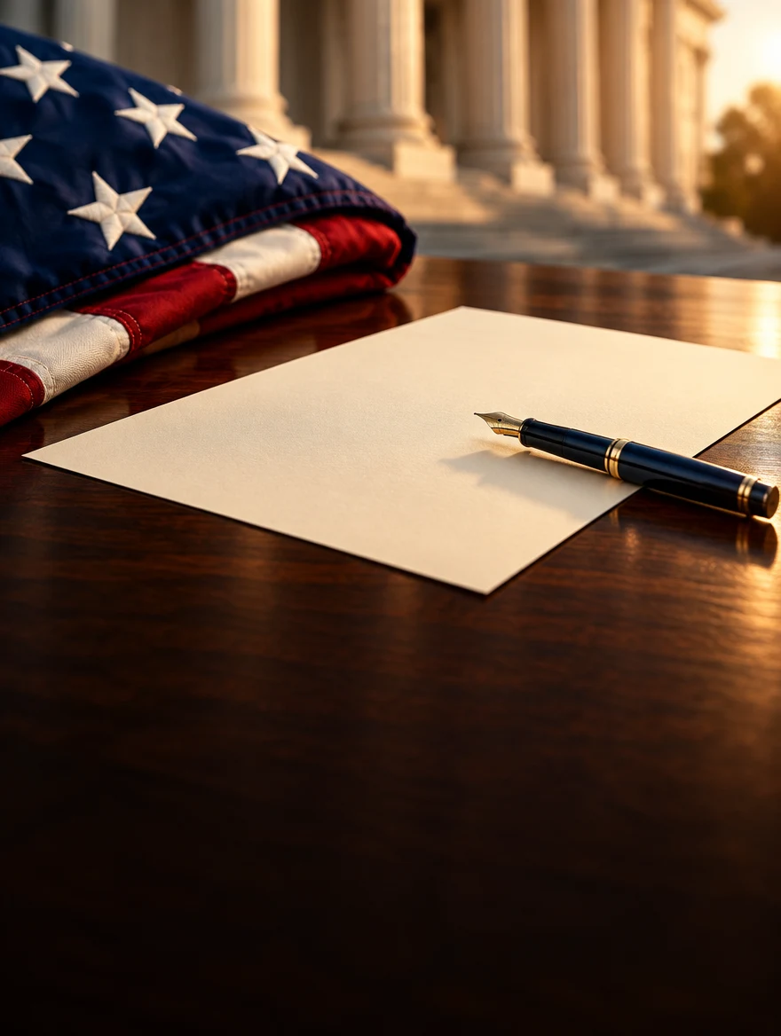 Concept image of a blank proposal document, fountain pen, and American flag