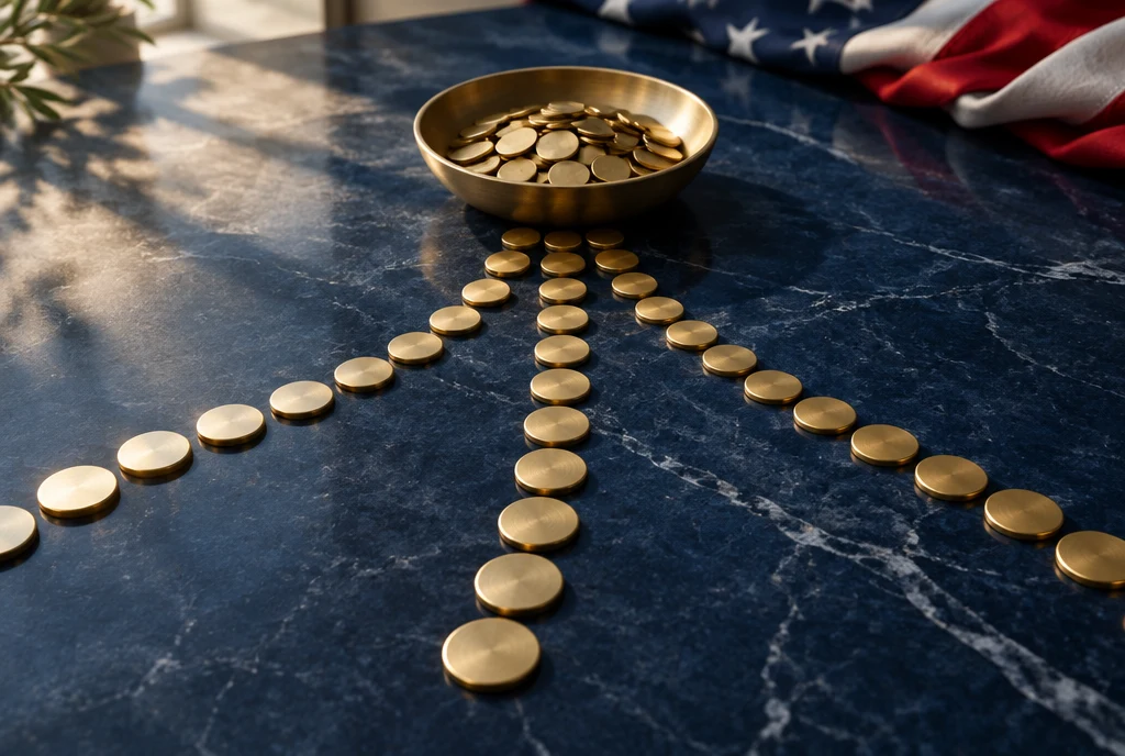 Concept illustration of brass tokens flowing toward a rewards pool