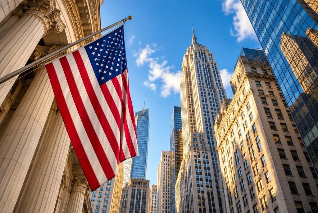 Concept image of an American flag among financial district buildings